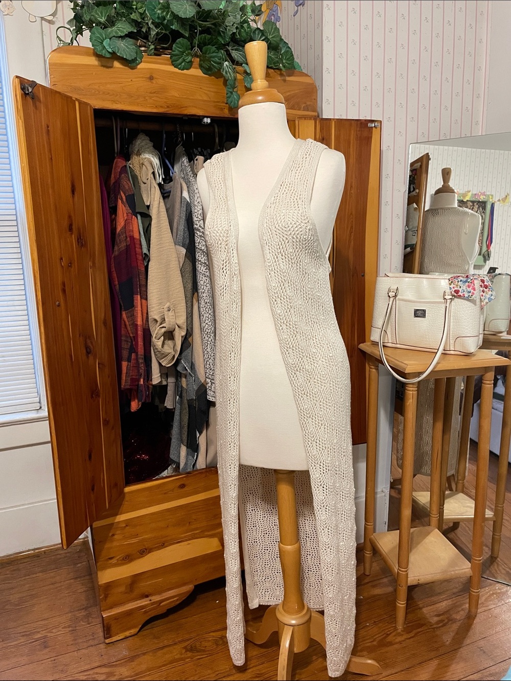 Boho Cream Open-Knit Longline Sleeveless Vest